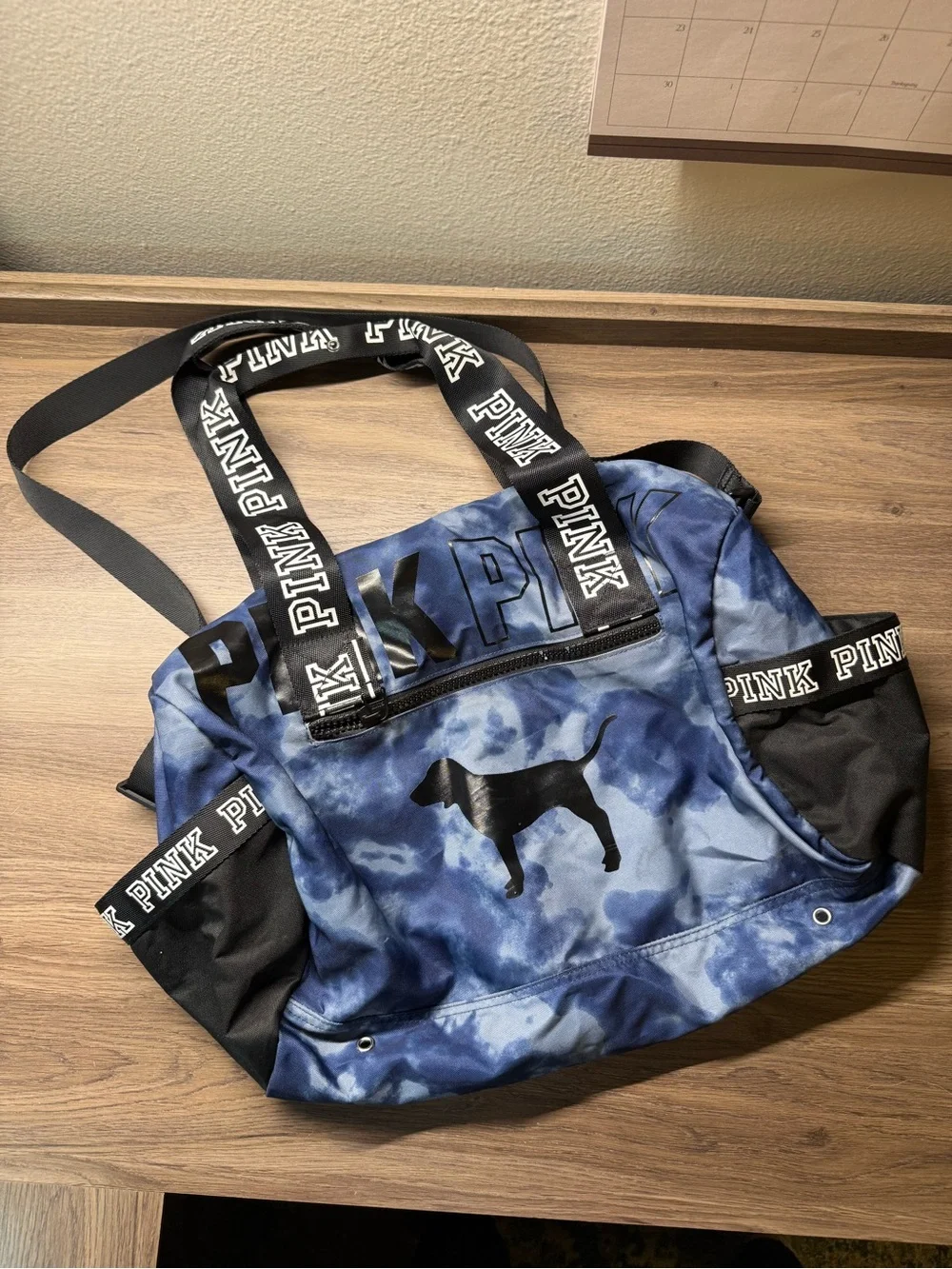 PINK Victoria's Secret Blue Tie-Dye Duffel with Black Logo Straps